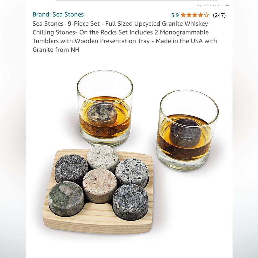 Sea Stones- 9-Piece Set-Full Sized Whiskey Chilling Stones-Includes 2 Tumblers